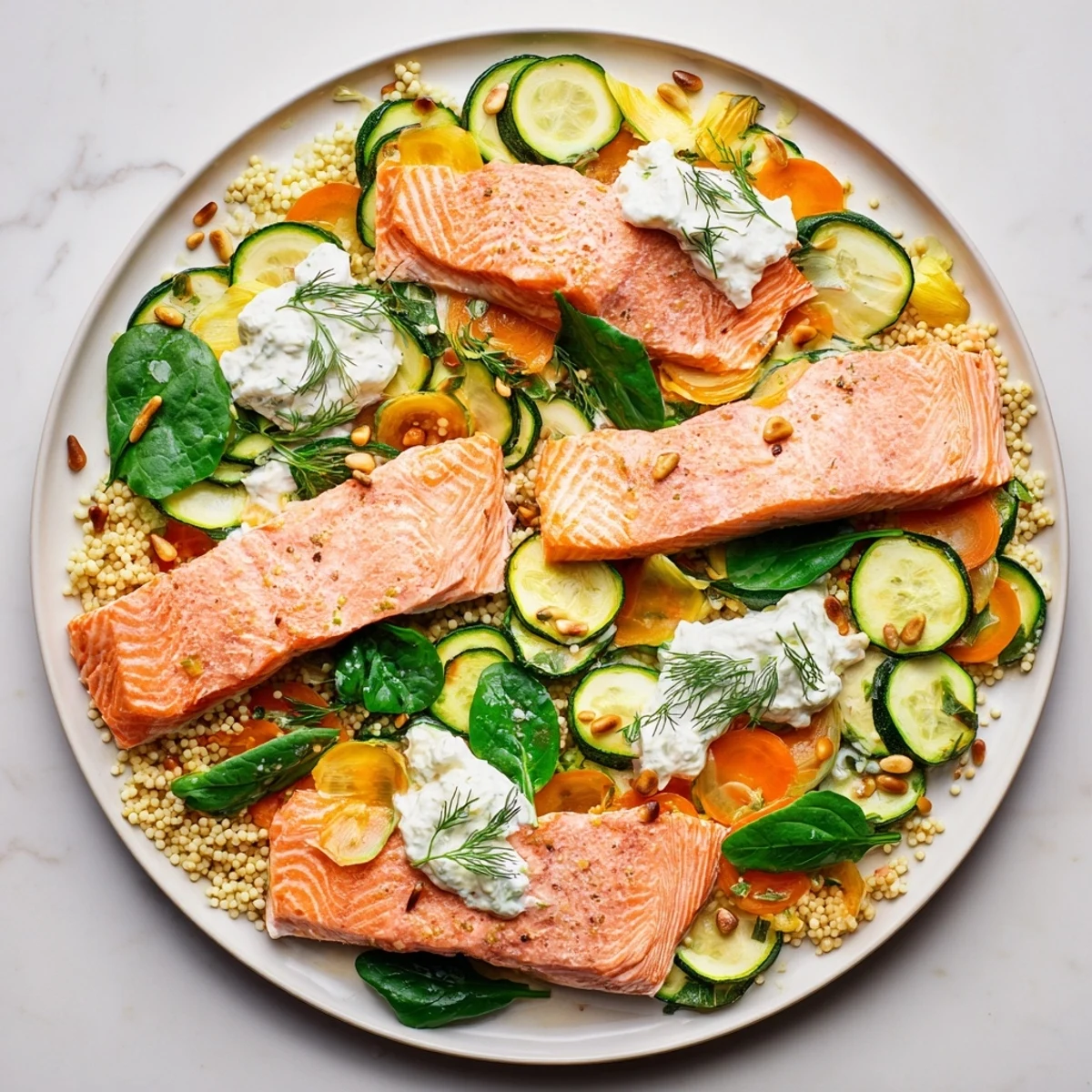 A vibrant The Infinity Loop Flow, showcasing a delicious figure-eight of salmon, vegetables, and couscous.
