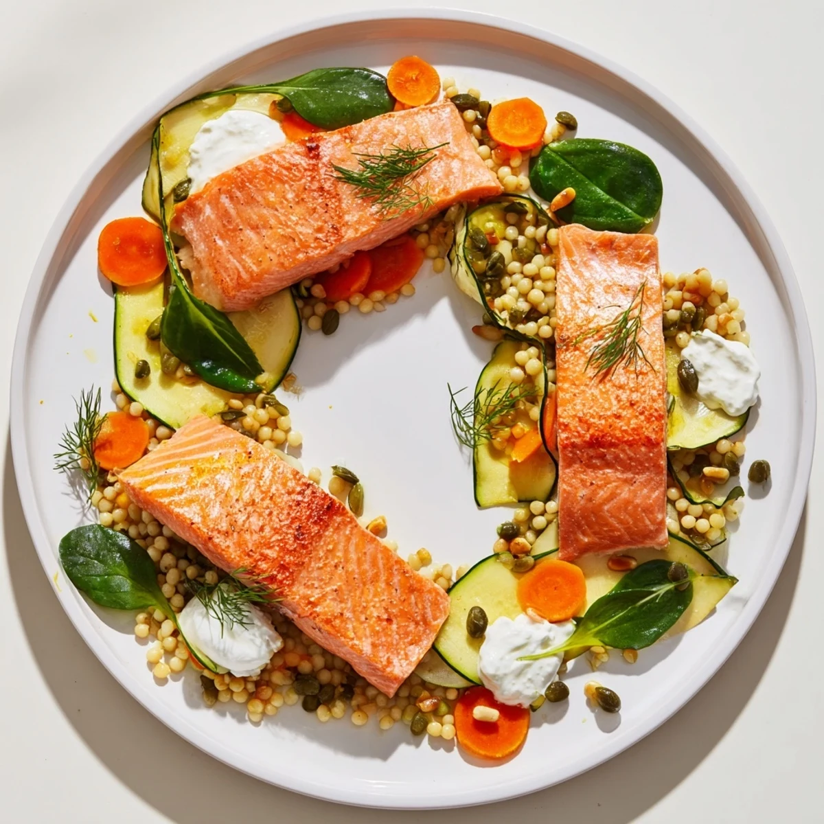 This The Infinity Loop Flow recipe features tender salmon flakes nestled with vibrant vegetables and grains.