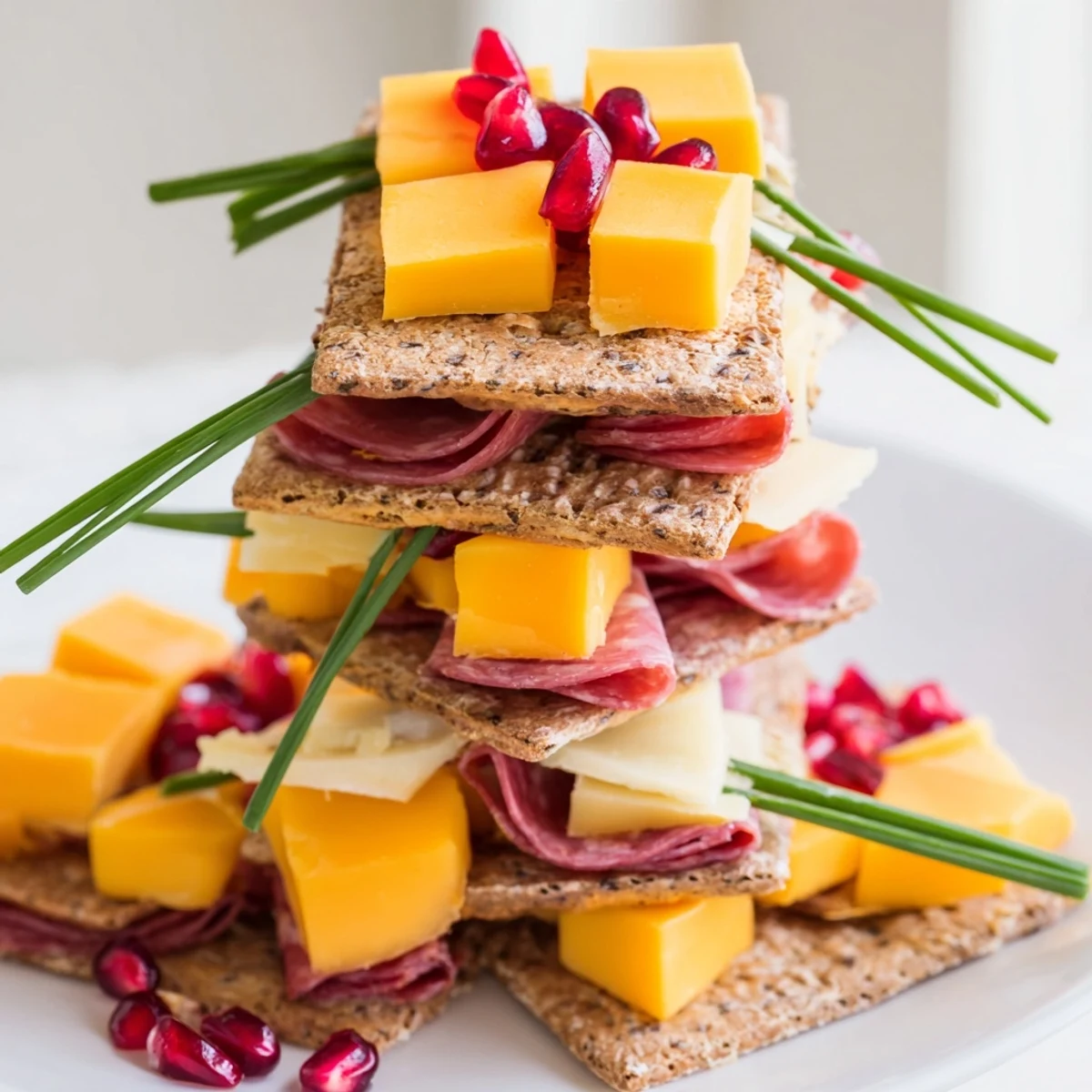 Delicious Layered Urban Skyline appetizer; see savory salami and cheese cubes arranged like a city.