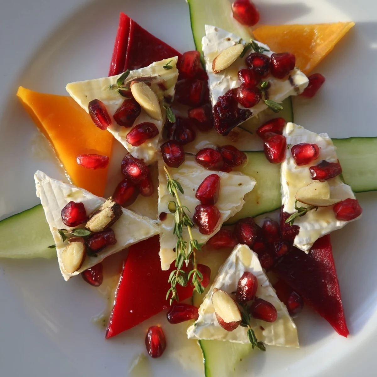Appetizer board features The Tessellation Triangle with colorful cheese, veggies, and fruits.