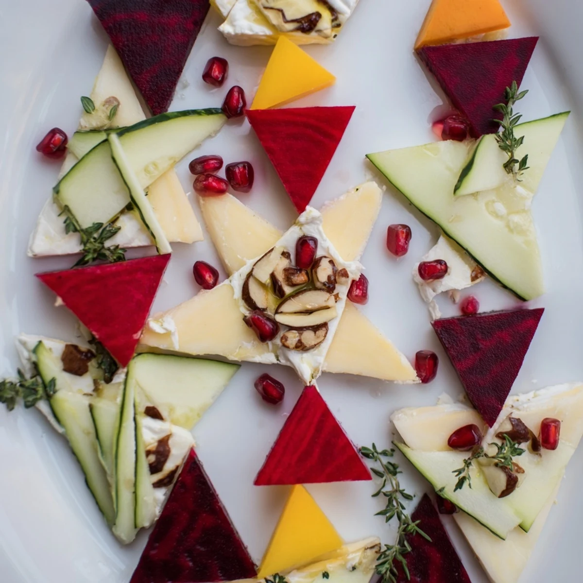 Vibrant The Tessellation Triangle appetizer arranged in a striking, interlocking triangle pattern for guests.