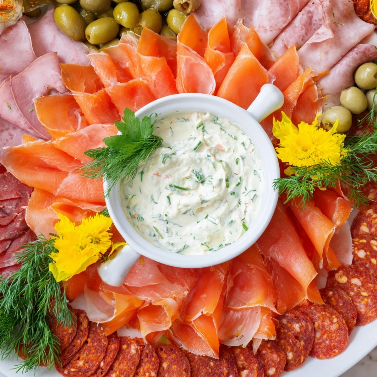 Creamy dip at the Compass Rose's center, surrounded by beautifully arranged meats for a festive appetizer.