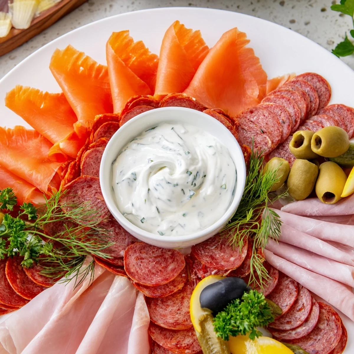 The Compass Rose appetizer offers a delightful array of meats with a creamy dip, perfect for entertaining guests.