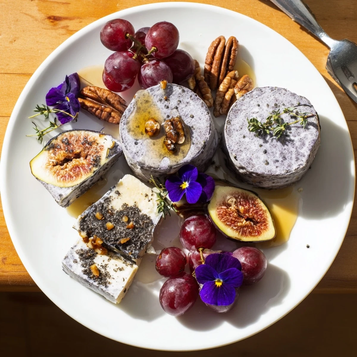 The Lavender Haze cheese platter with creamy goat cheese, grapes, and figs offers a colorful appetizer.
