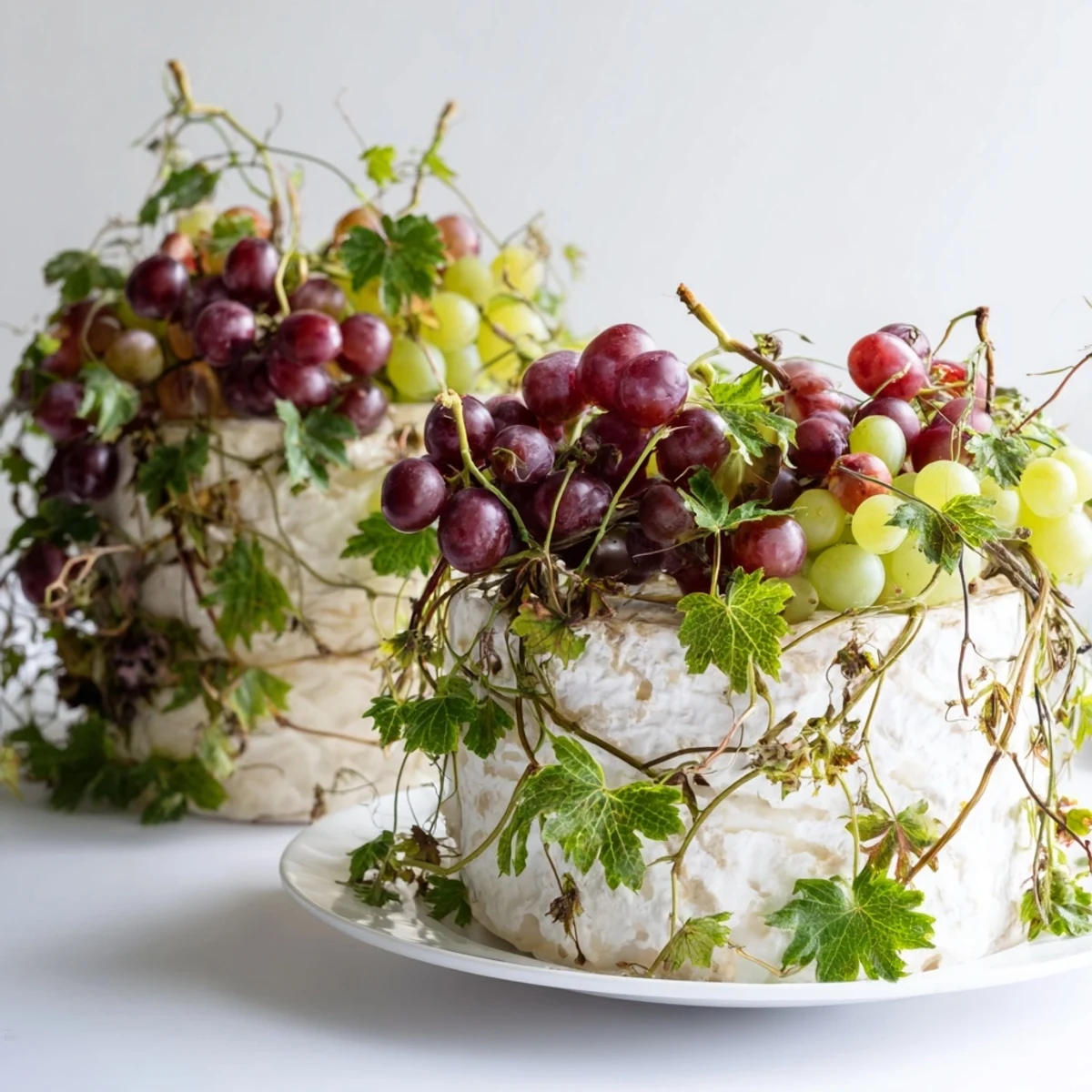 A rustic vineyard cheese board, garnished with fresh grapes and grapevine, ready to serve.