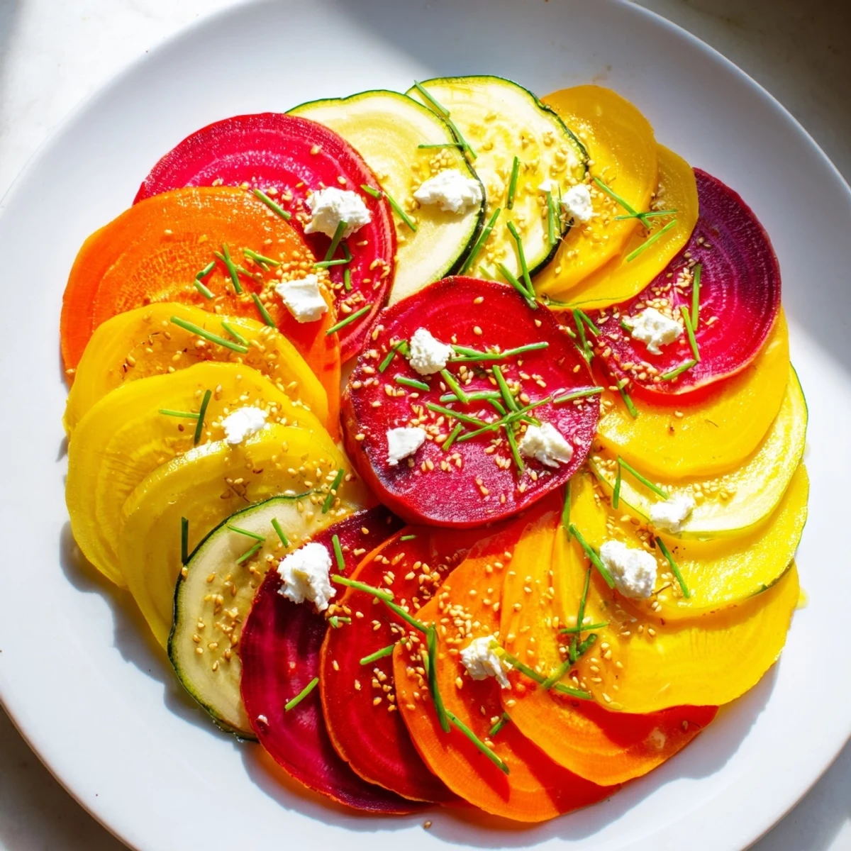 This plated Radial Symmetry Sunburst features colorful, thinly sliced vegetables fanned out beautifully.