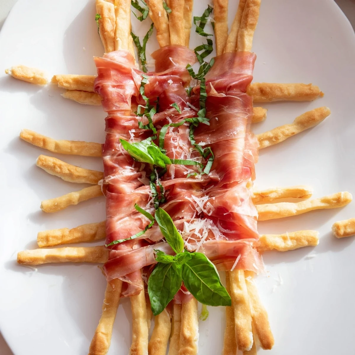 Goldene-Gate-Appetizer mit knusprigen Brotstangen Türmen, verbunden durch prosciutto Streifen, ein köstliches Snack-Erlebnis.