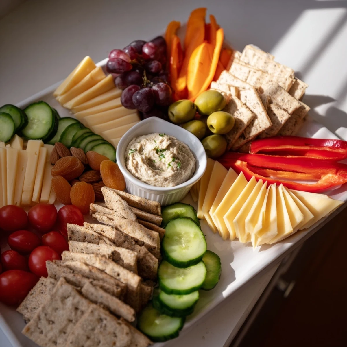 A visually dynamic arrowhead charcuterie board, cheeses and meats angled toward the dip bowl.