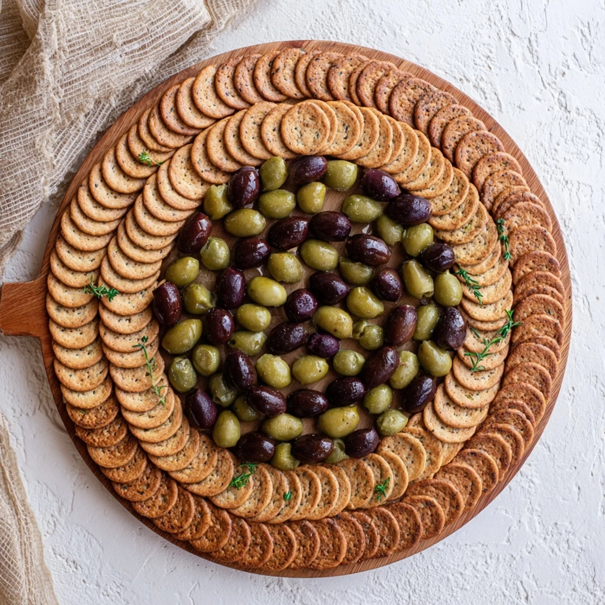 Appetizing Roman Colosseum snack platter with vibrant olives and crackers arranged on a round plate.