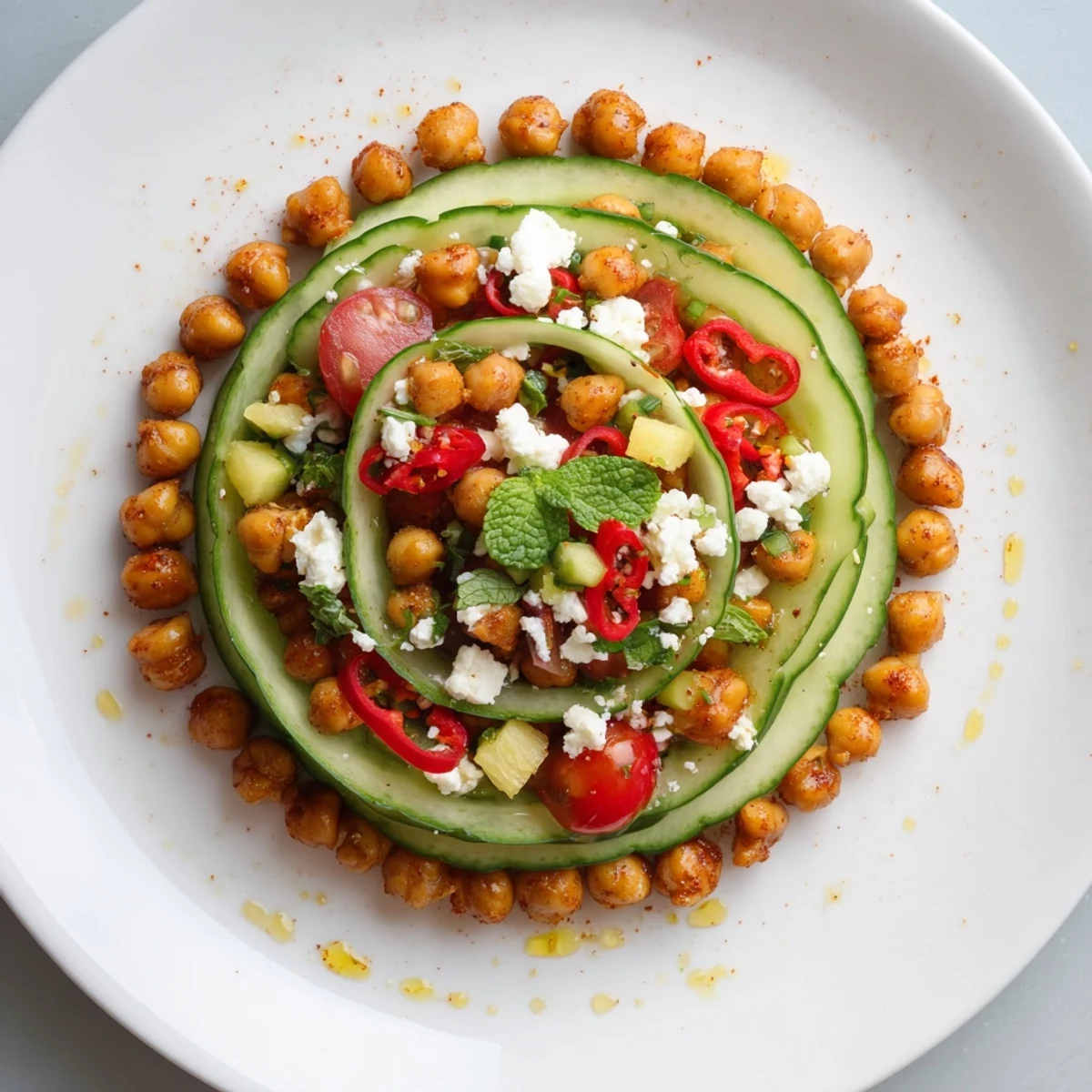 Vibrant concentric rings of flavor arranged as a visually appealing, refreshing summer salad.