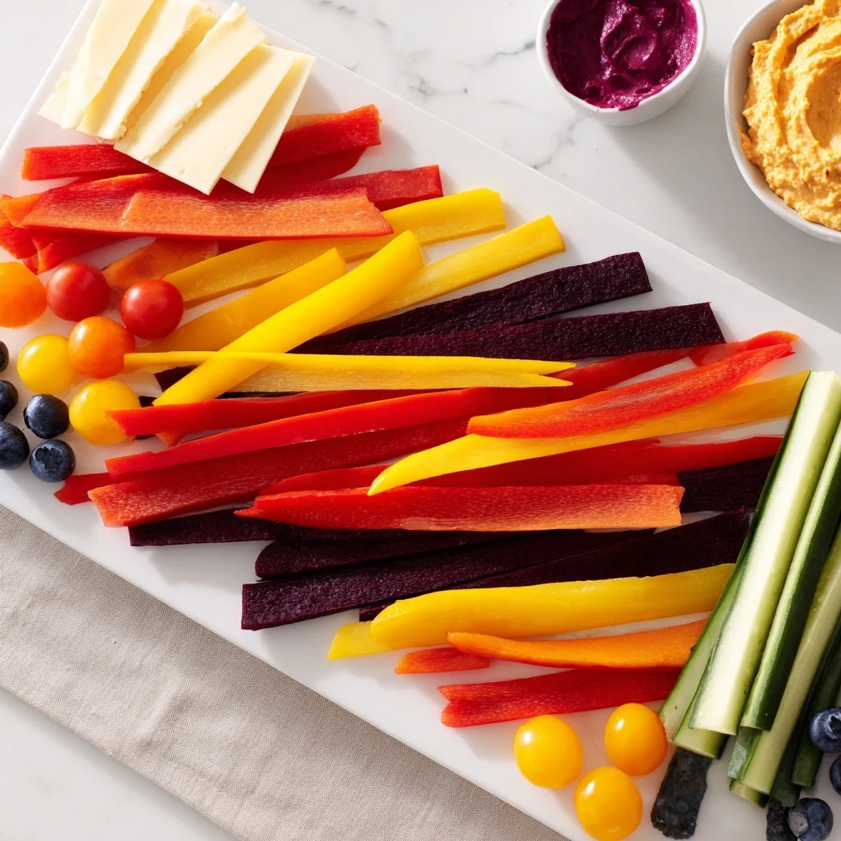 This Zig-Zag Lightning Strike offers fresh veggies, cheeses, and dips in a dramatic display.