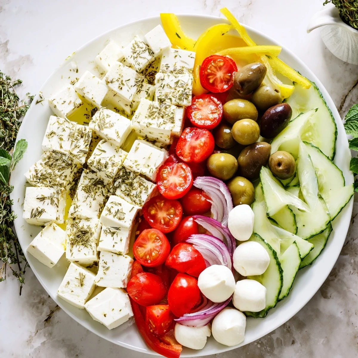 A bright and colorful Sun-Drenched Patio mezze board with fresh feta, vegetables, and dips.