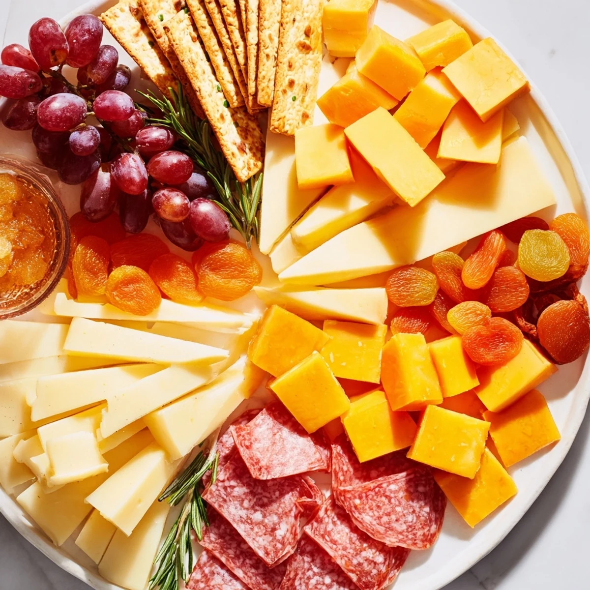 This appealing Geometric Gala showcases visually striking meats, cheeses and fruit arranged geometrically.