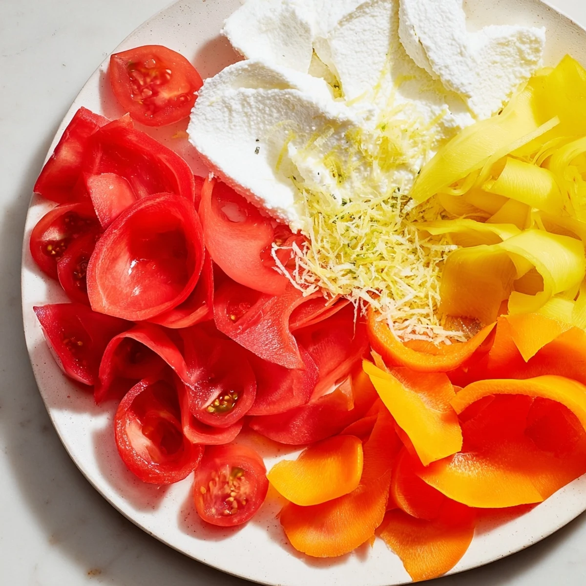 This The Prism Burst salad shows a beautiful fan of fresh vegetables and fruits, ready to enjoy.