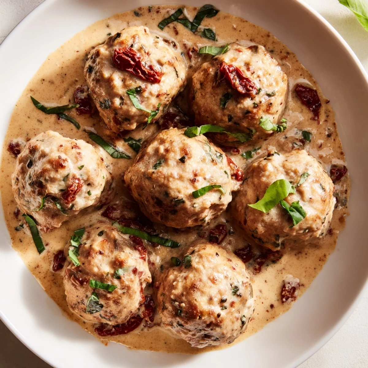 A close-up of Marry Me Chicken Meatballs, showcasing the rich sauce and tender, juicy meatballs.
