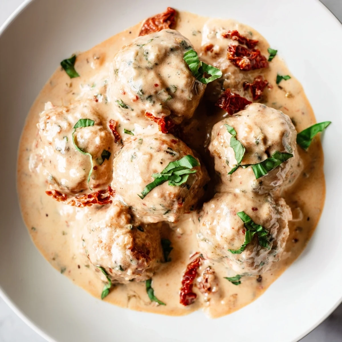 Marry Me Chicken Meatballs simmering in a creamy sun-dried tomato sauce, ready to serve with fresh basil.
