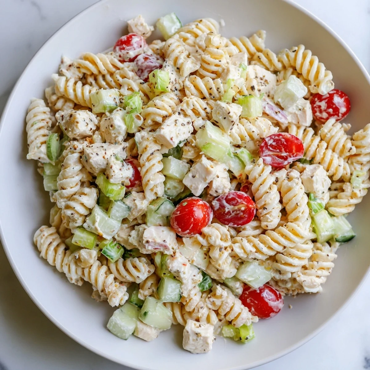 Everything Bagel Chicken Pasta Salad, a creamy, flavorful cold pasta dish with juicy chicken and fresh veggies.