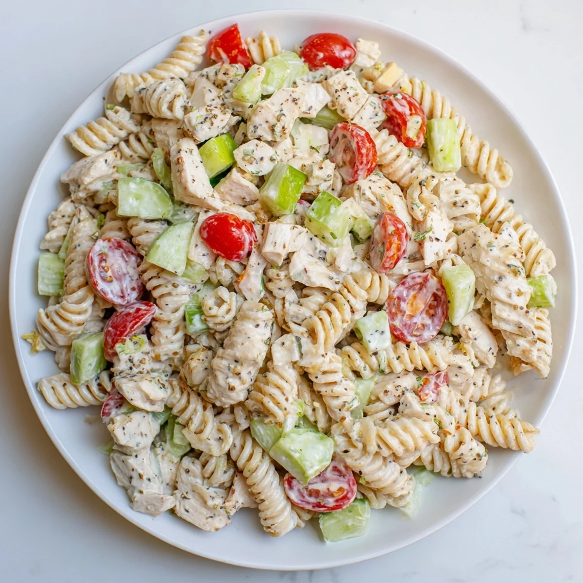 A visually appealing, chilled bowl shows the finished Everything Bagel Chicken Pasta Salad, ready to serve and enjoy.