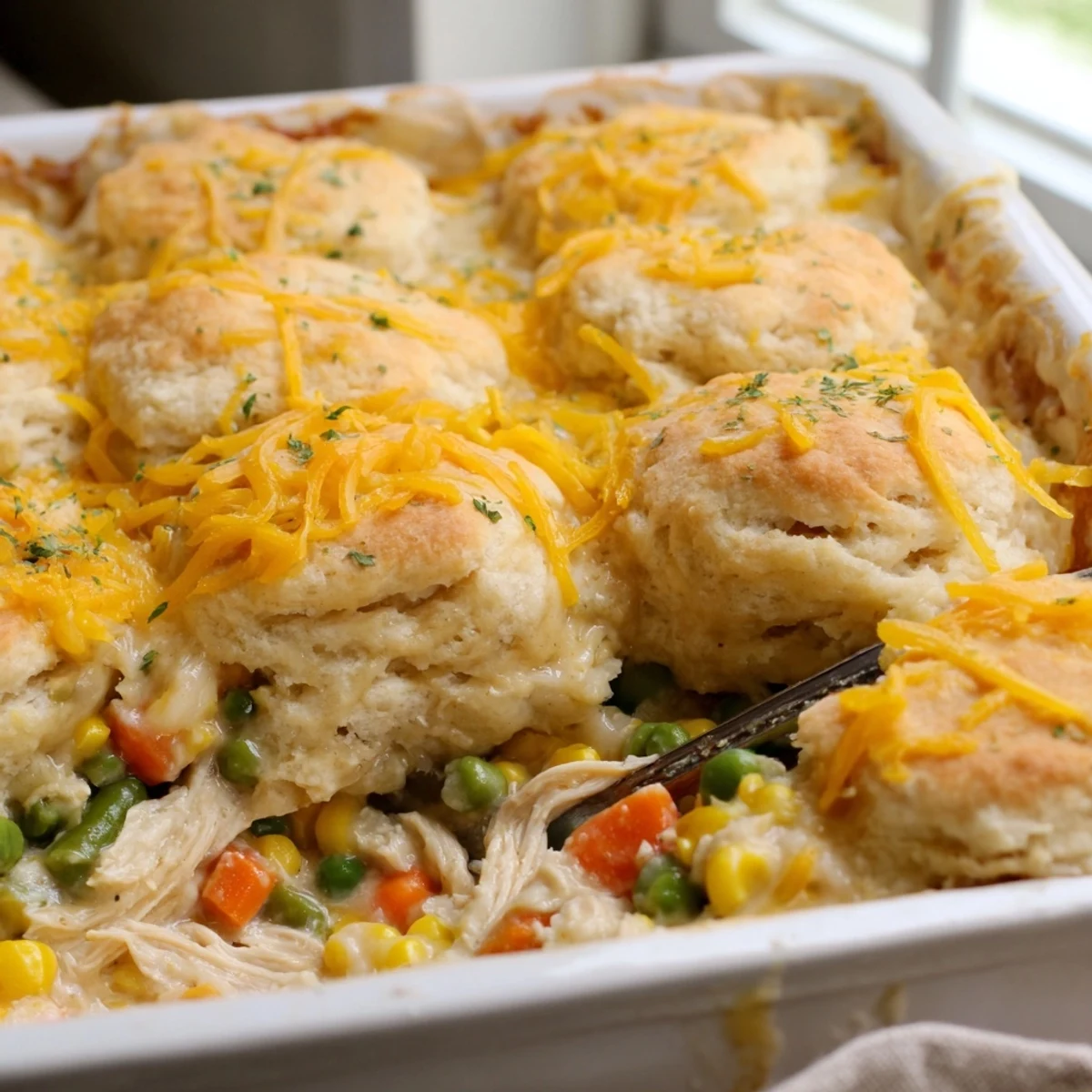 Golden-brown Chicken Cobbler with Red Lobster mix, bubbly filling, and fluffy biscuit topping.