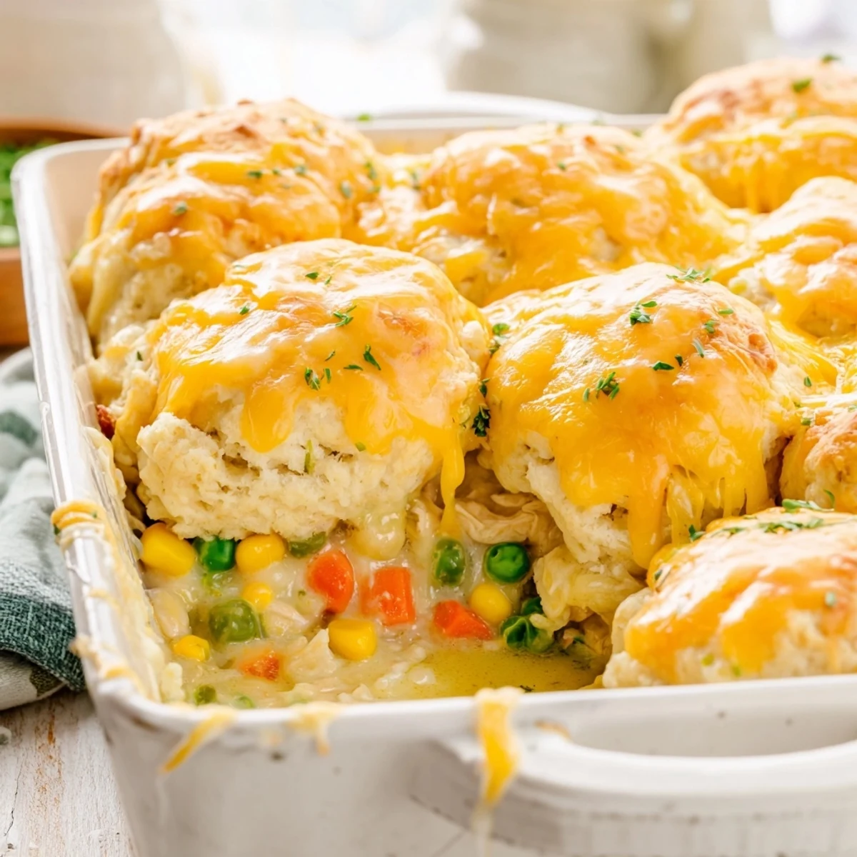 A close-up of a steaming Chicken Cobbler, showcasing the Red Lobster biscuit crust and savory chicken.