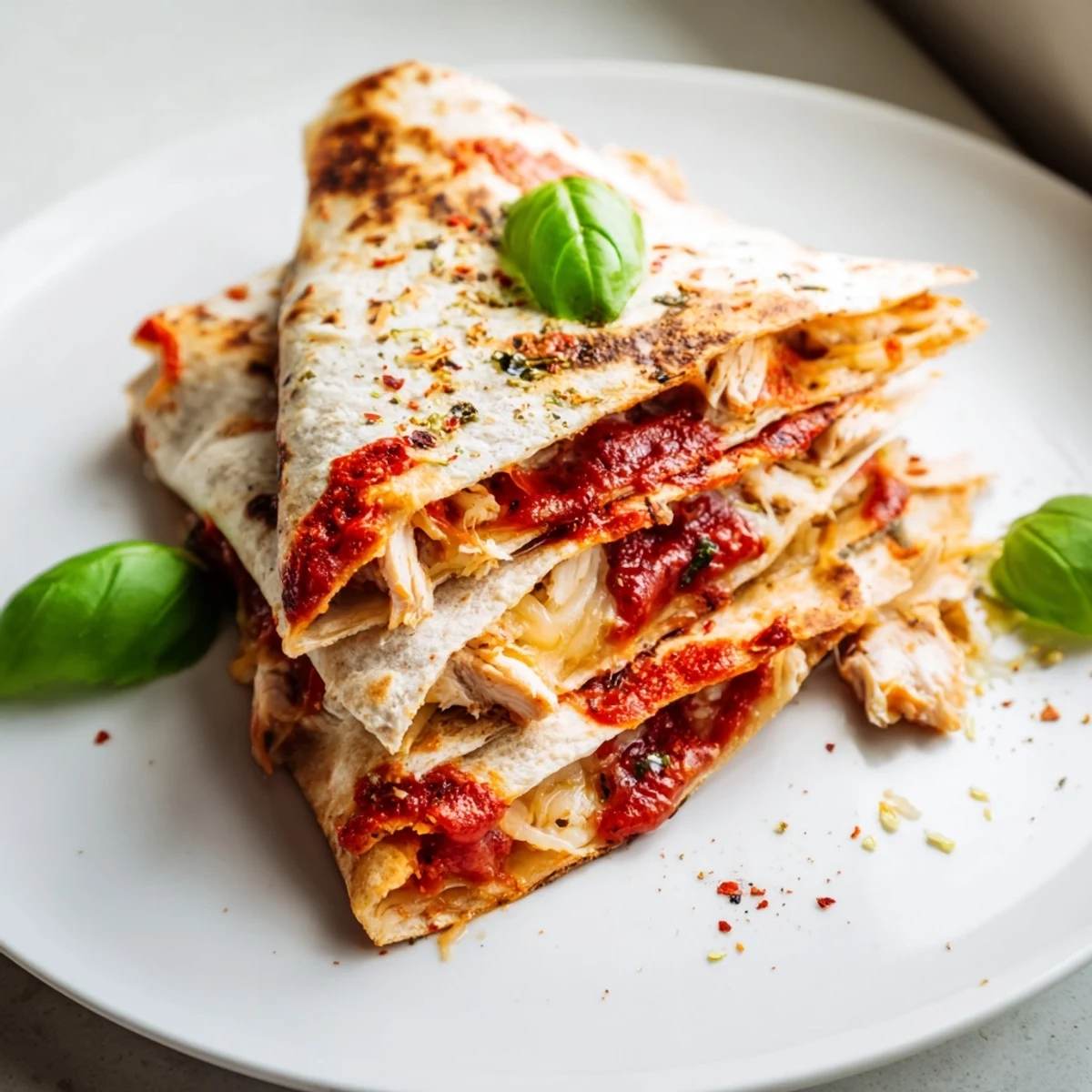 Golden-brown tortilla pizza wrap with chicken, filled with melted cheese and savory marinara sauce.