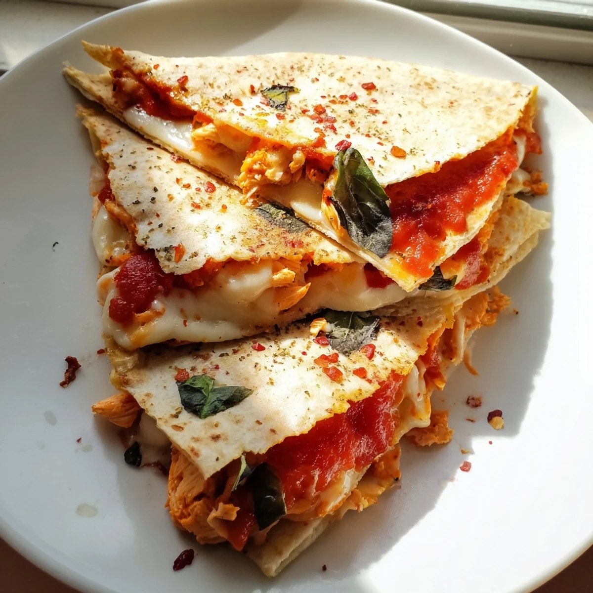 A close-up of a perfectly toasted tortilla pizza wrap with chicken, ready to be sliced and enjoyed.