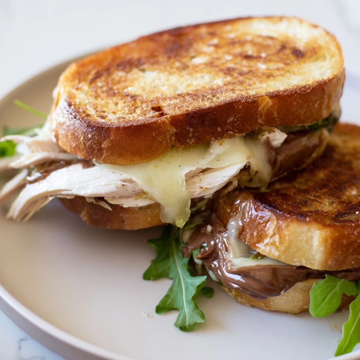 Golden-brown Nutella grilled cheese with chicken, filled with melted brie and cooked chicken slices, ready to serve.