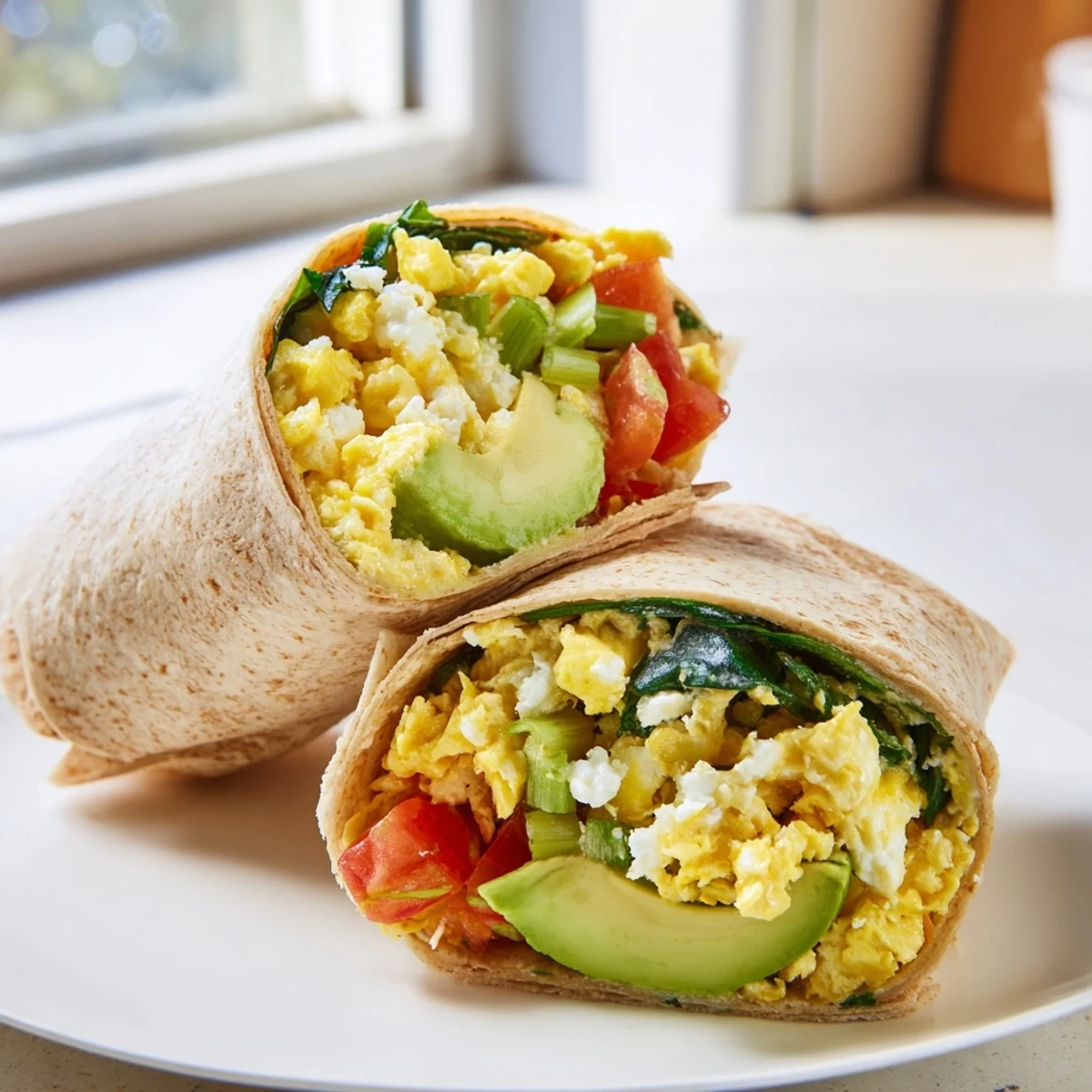 A close-up of a delicious feta egg wrap, showcasing perfectly cooked eggs with fresh toppings.