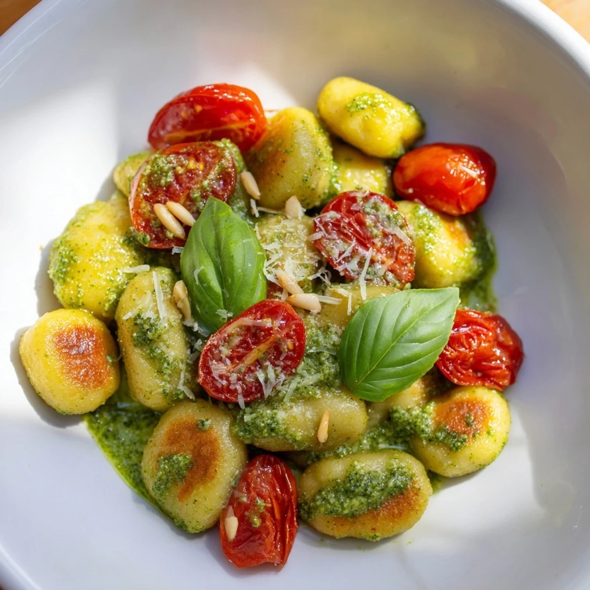 Golden, crispy gnocchi coated in pesto, a quick and easy Crispy Gnocchi with Pesto recipe, ready to eat.