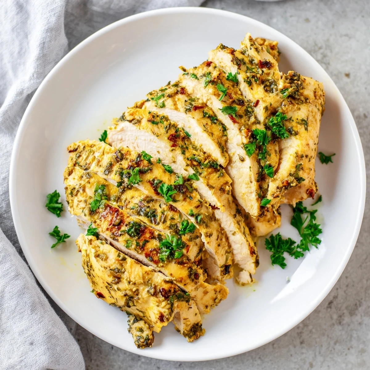 A close-up of delicious Greek yogurt chicken, showing tender, flavorful Mediterranean spices.