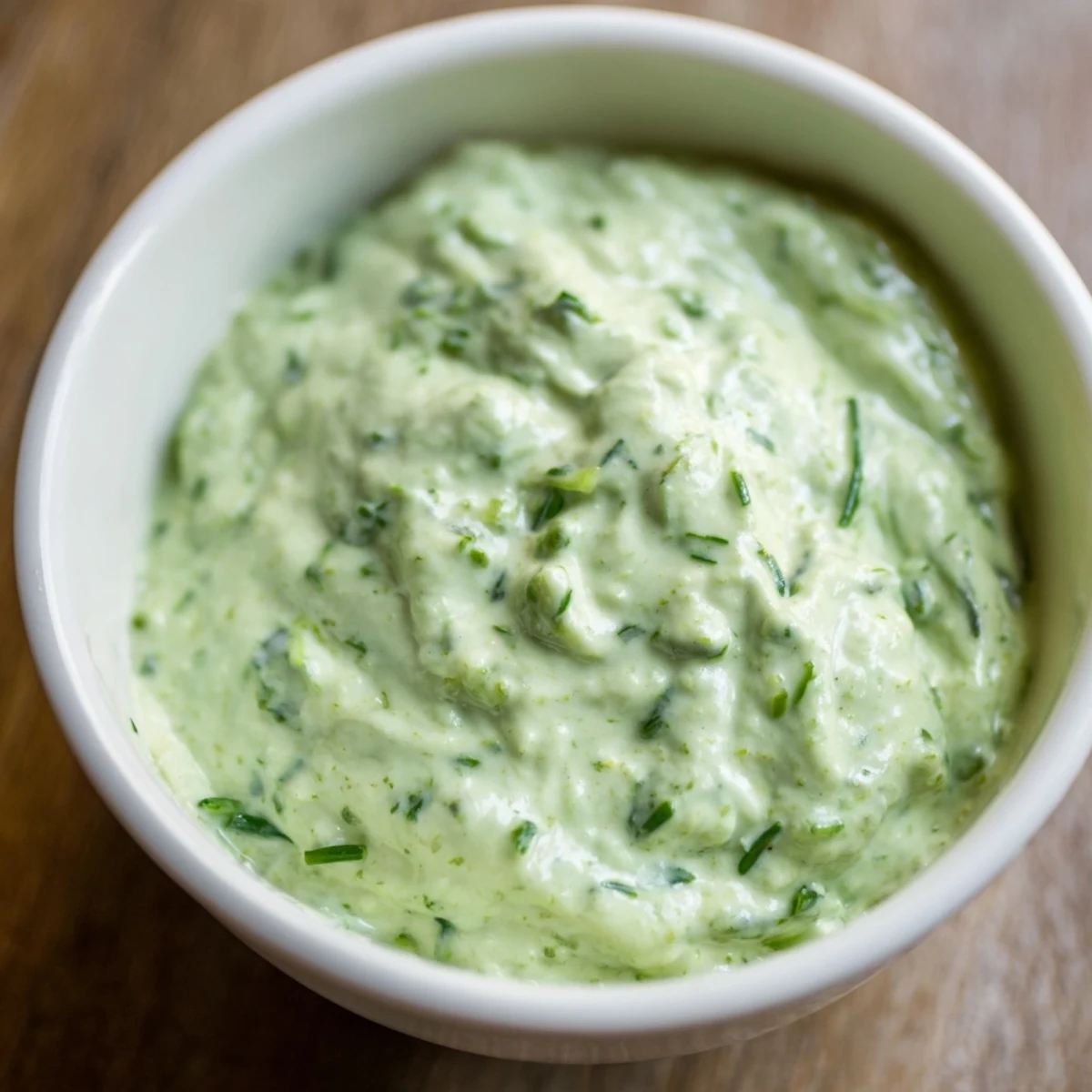 A close-up of freshly made Green Goddess Dip, full of vibrant herbs, ready to be enjoyed.
