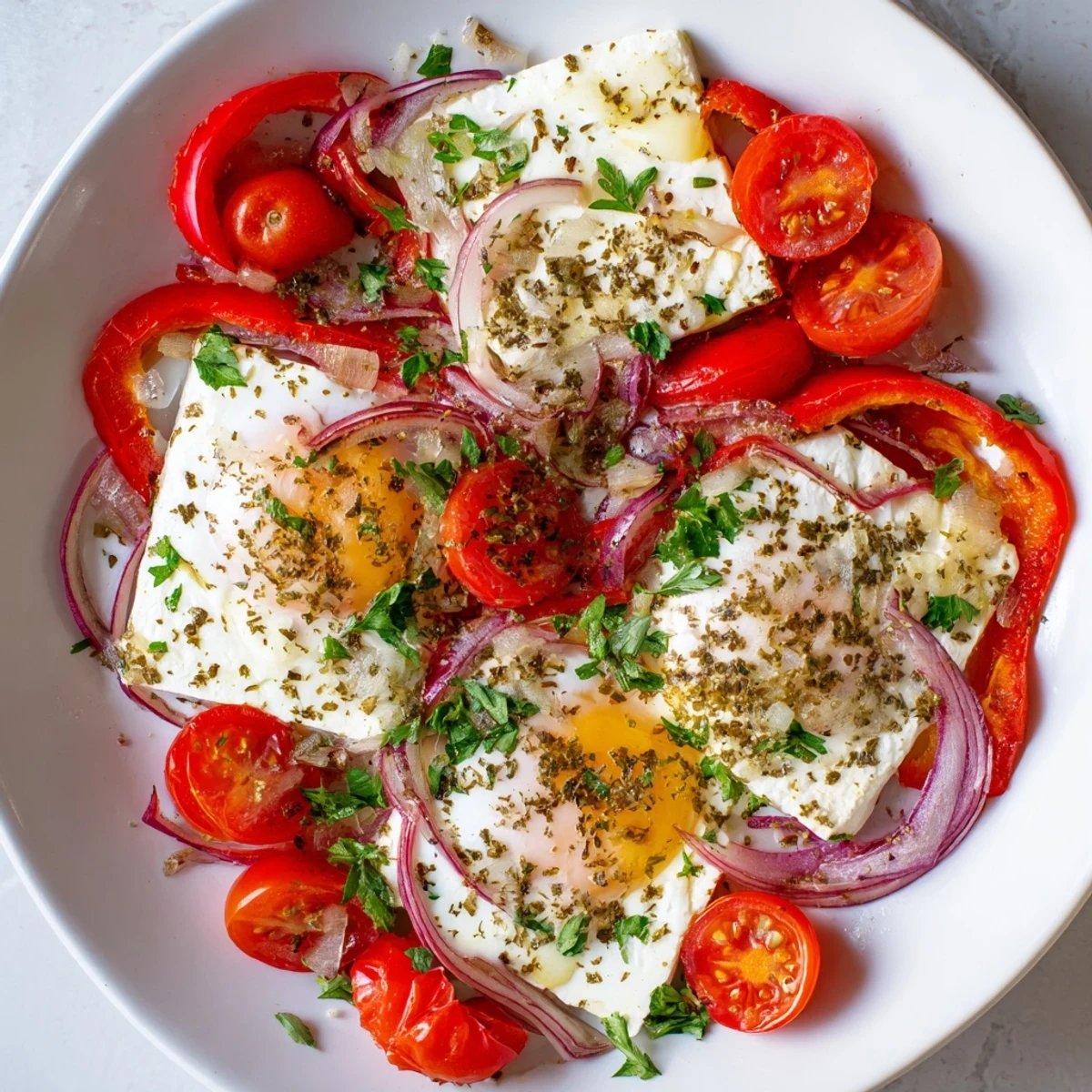 Mediterranean Baked Feta & Eggs garnished with fresh parsley, perfect for a flavorful brunch or dinner.