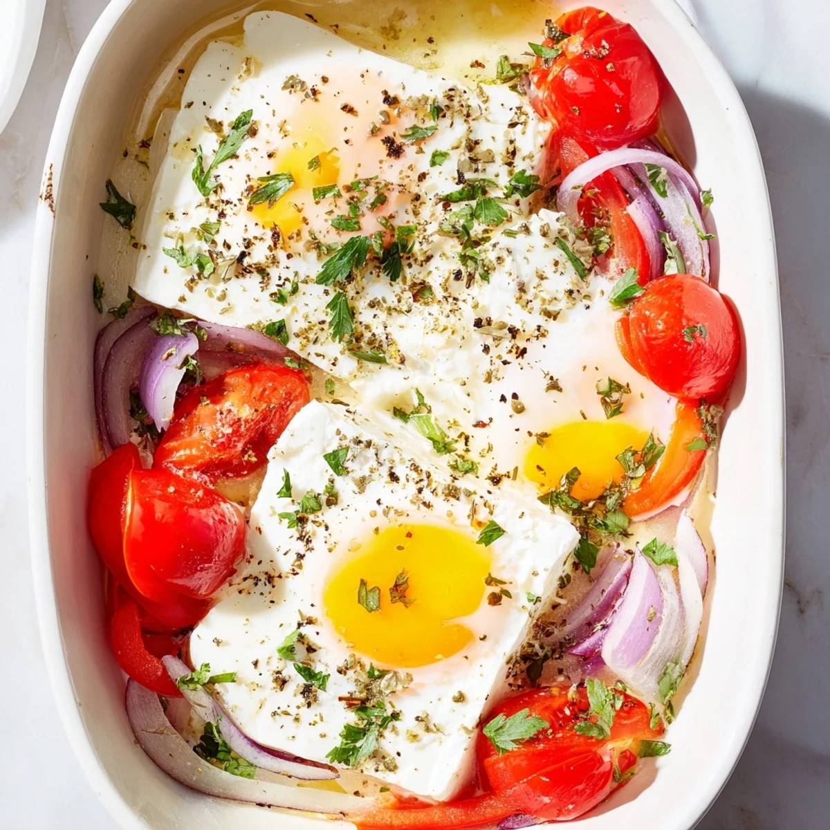Golden-baked Mediterranean Feta & Eggs, a vegetarian dish with soft eggs and vibrant vegetables.