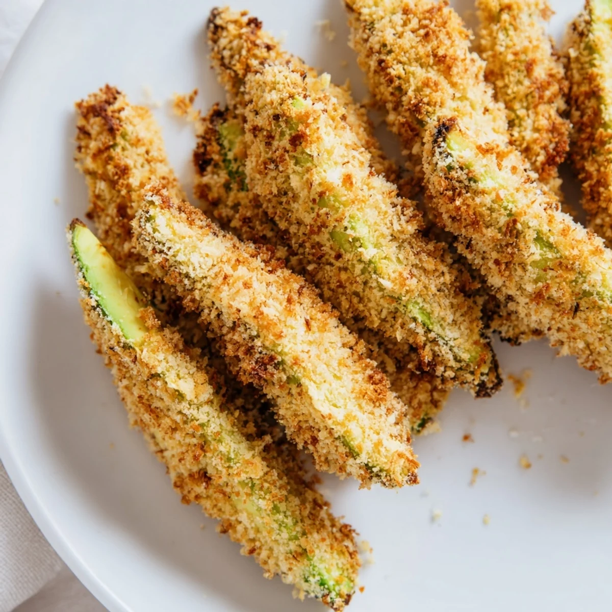 Close-up of golden brown, oven-baked avocado fries, perfectly crisp, plated with a lemon wedge.
