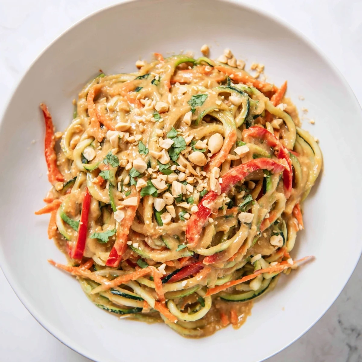 Creamy peanut sauce coats vibrant Zesty Peanut Zucchini Noodles, a colorful, refreshing Asian-inspired salad.