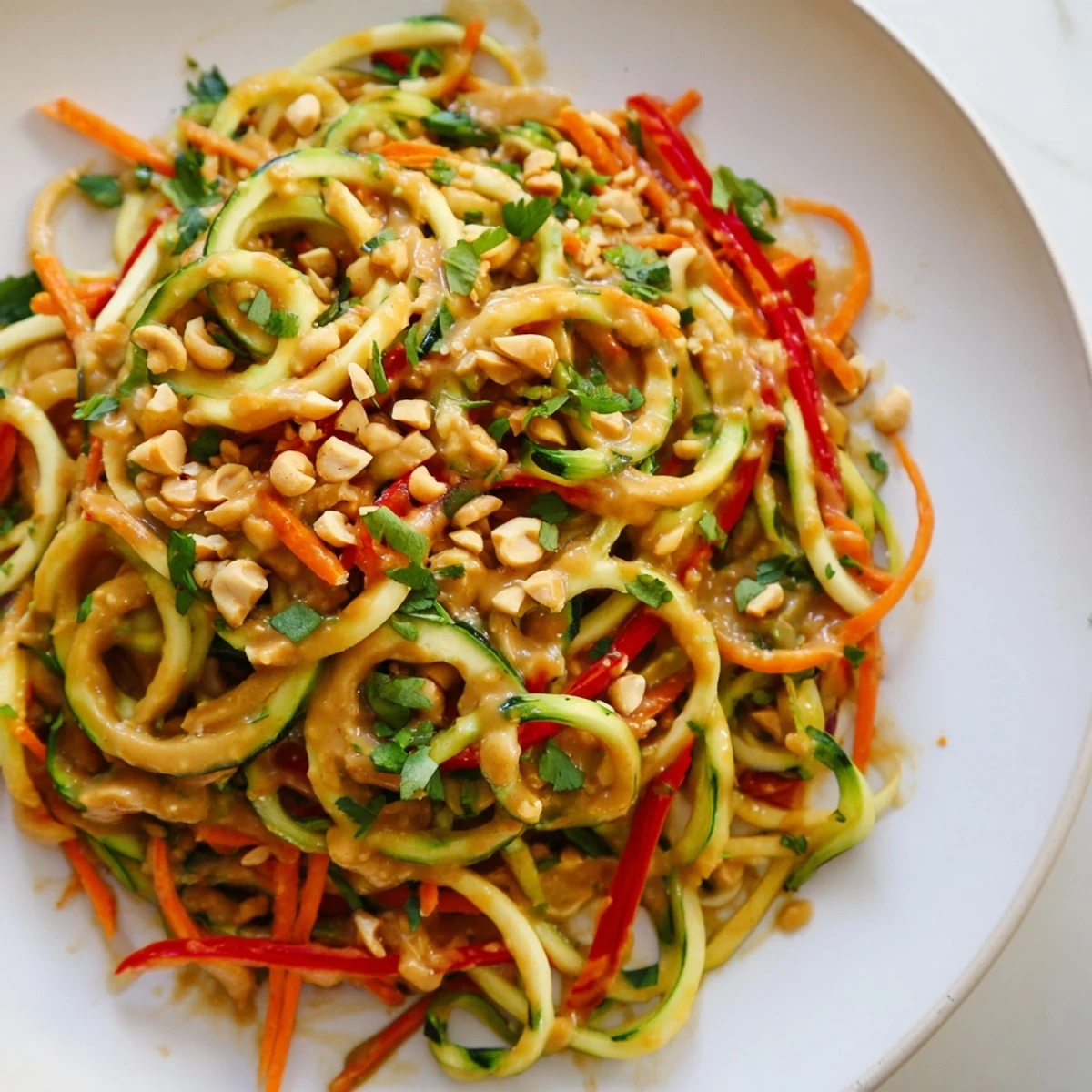 Enjoy a bowl of light and flavorful Zesty Peanut Zucchini Noodles, ready in minutes for a healthy meal.