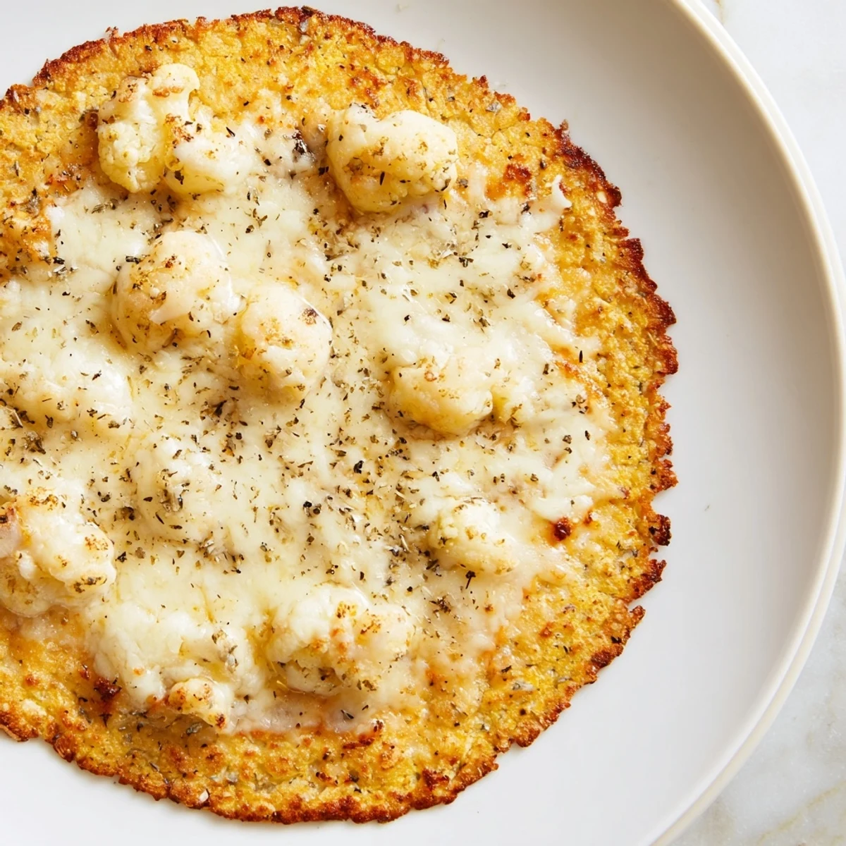 Crispy cauliflower pizza crust, ready to be topped with fresh tomato sauce and cheese.