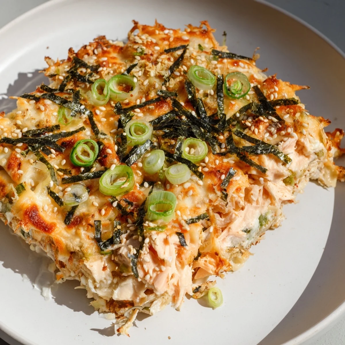 A family-sized Creamy Salmon Sushi Bake, generously topped with melted cheese, ready to serve and enjoy.