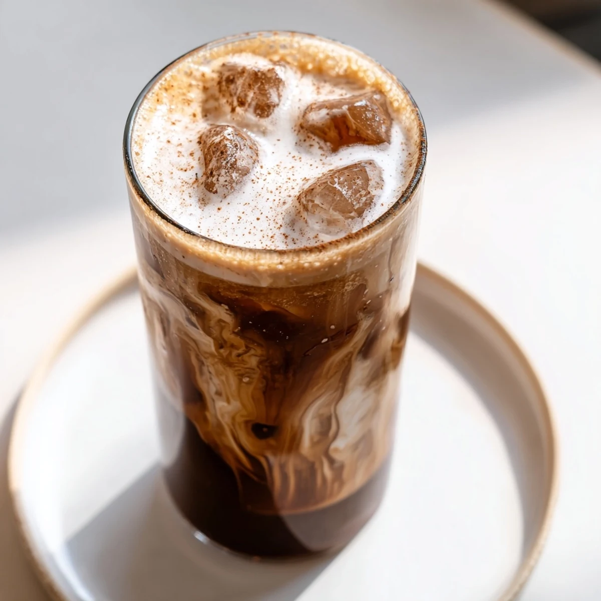 Silky Iced Brown Sugar Oat Latte topped with a cinnamon sprinkle, perfect for a sunny afternoon treat.