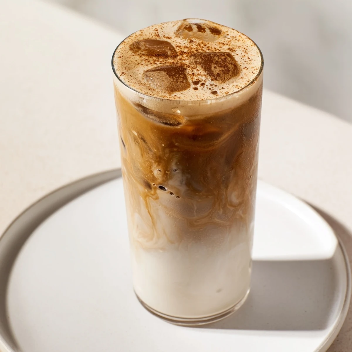 Enjoy a creamy Iced Brown Sugar Oat Latte bursting with espresso flavor; a beautiful American cafe beverage.