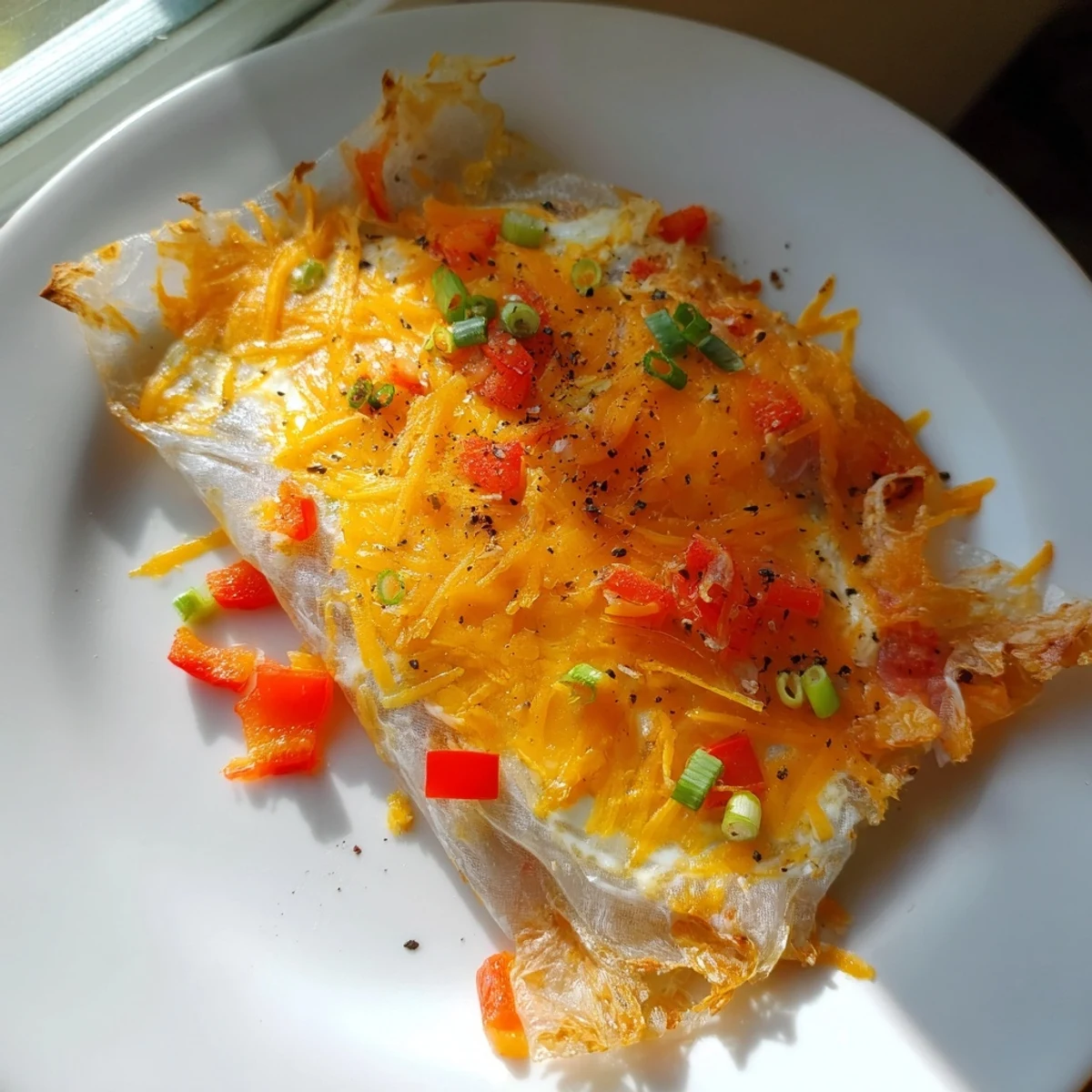 Golden-brown Rice Paper Egg Cheese Wrap, pan-fried to perfection, a quick and easy breakfast idea.