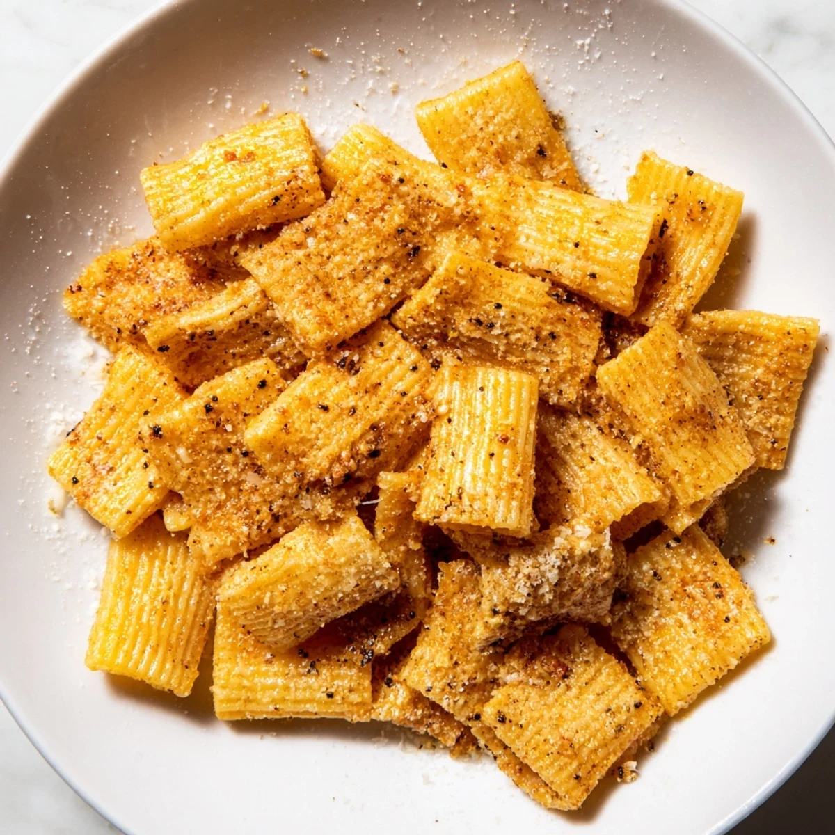 Crispy golden pasta chips, air-fried and speckled with Parmesan create a perfect snack.