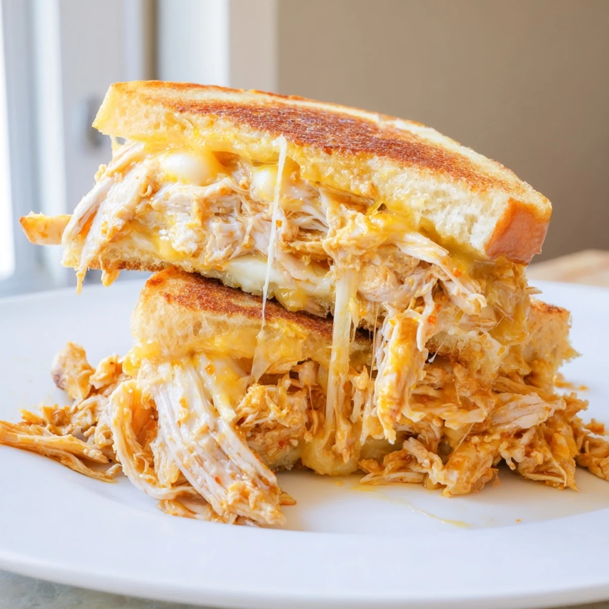 A delicious, cheesy Chili Crisp Honey Chicken Grilled Cheese, oozing with melted mozzarella and cheddar.