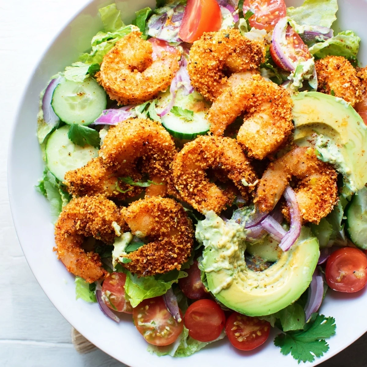 A close-up of a Spicy Crispy Shrimp Salad revealing the crispy, golden shrimp and fresh salad.