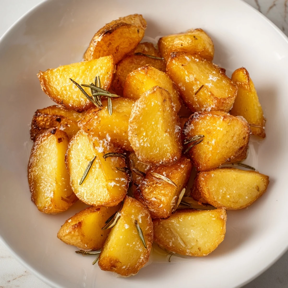 A close-up view of perfectly roasted Beef Tallow Roasted Potatoes, highlighting the crispy exterior and fluffy interior.