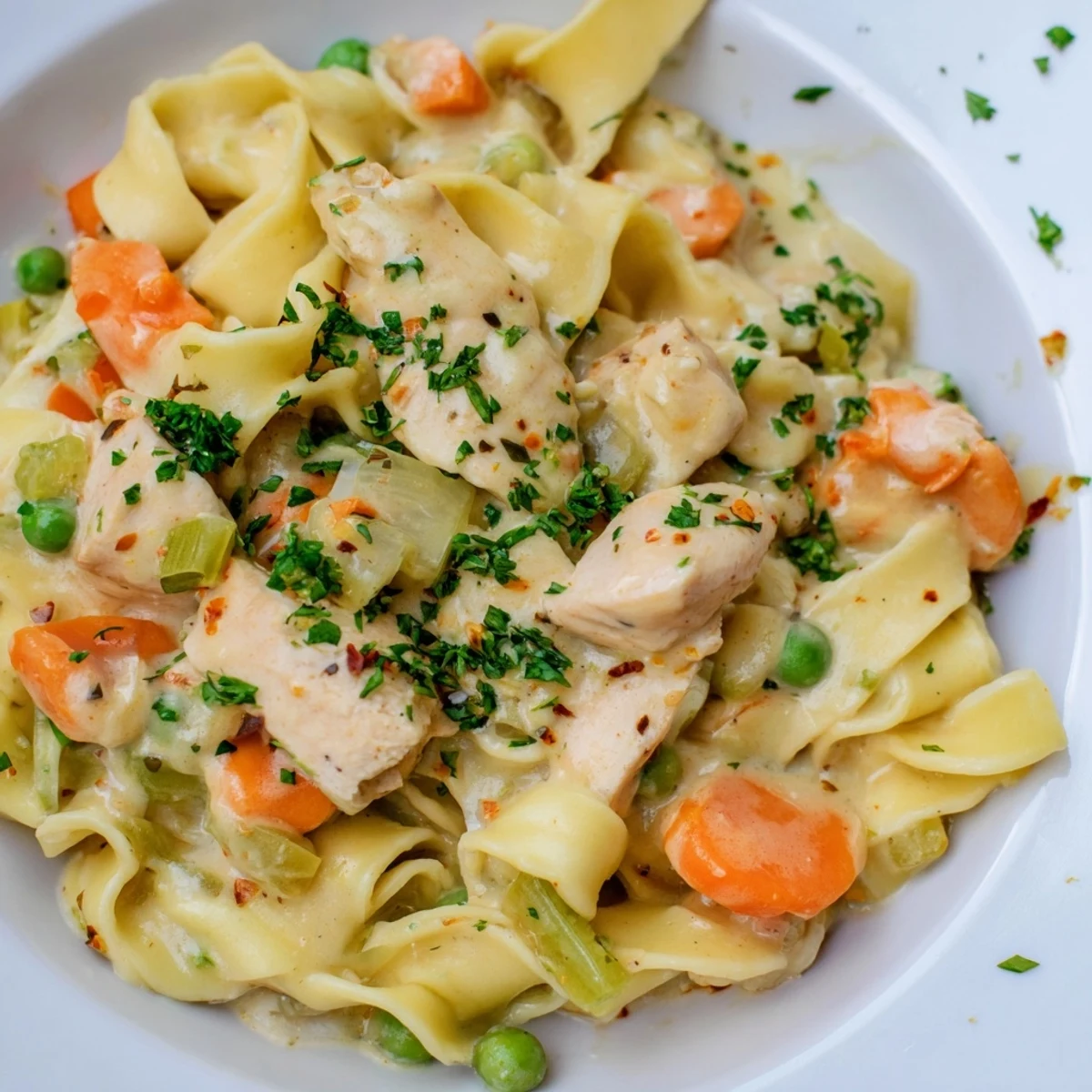 Close-up of Creamy Chicken and Egg Noodles, rich sauce coating the noodles and chicken.