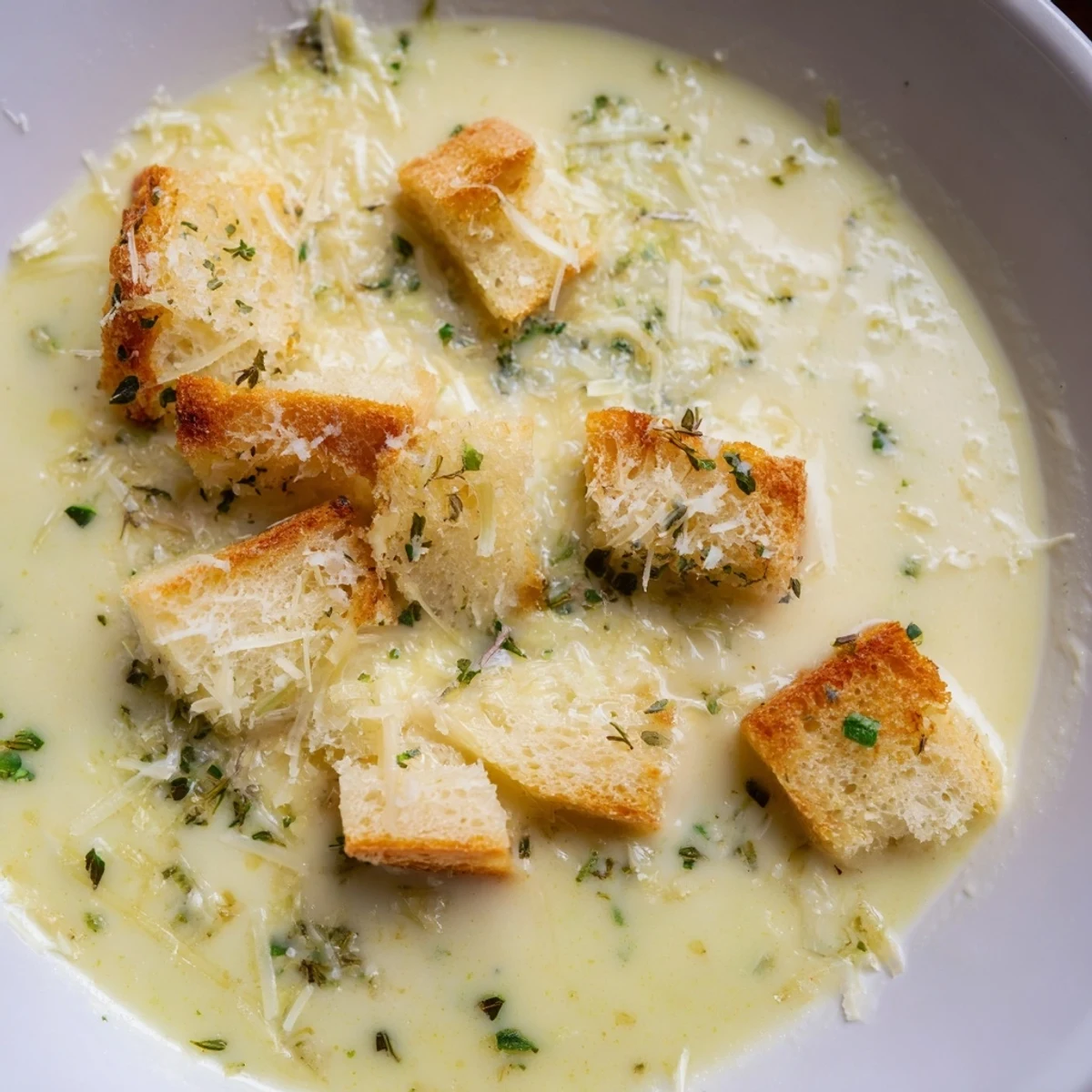 Creamy Garlic Bread Soup simmering in a pot, with visible garlic and bread crumbles, ready for serving.