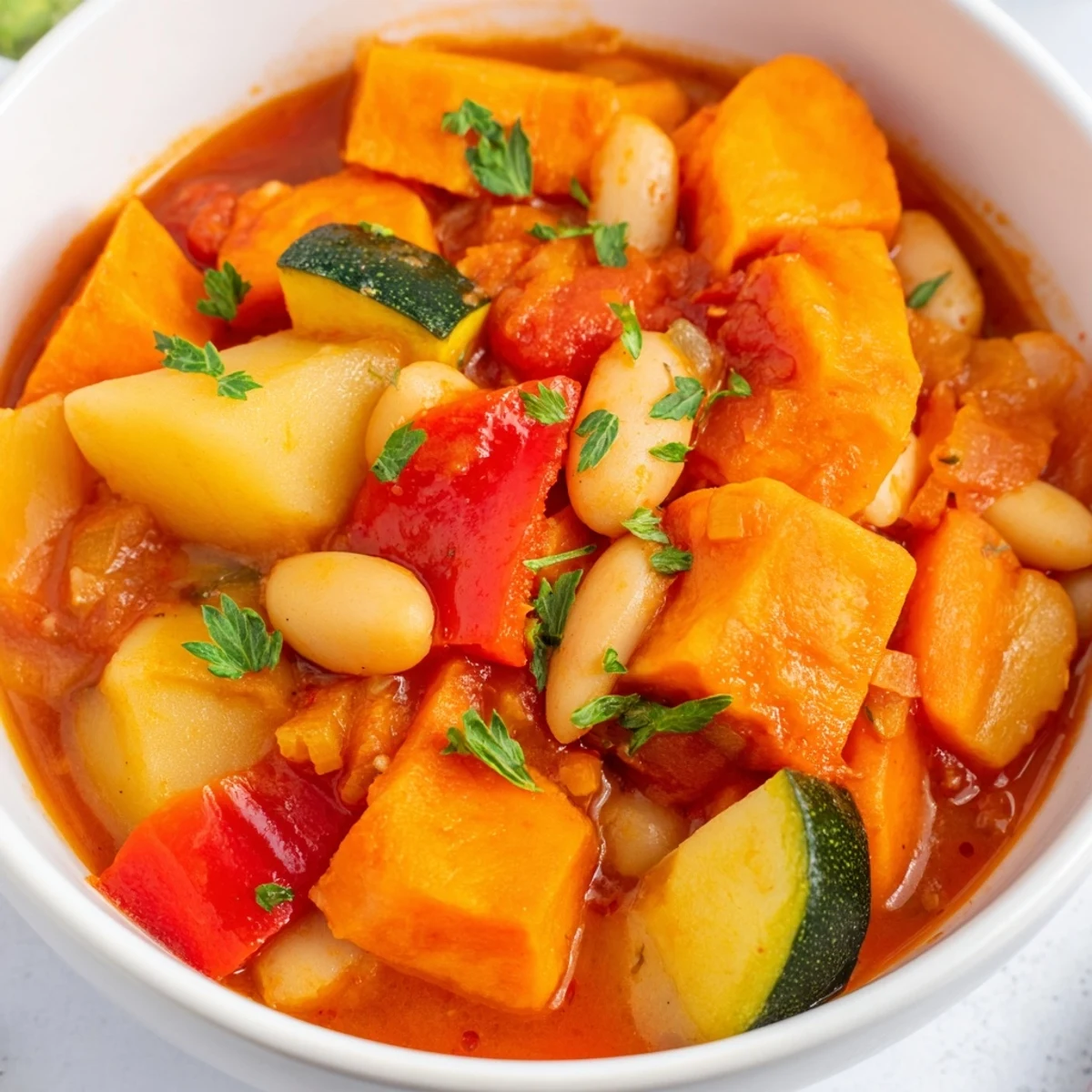 A comforting bowl of Hearty Vegan Sweet Potato Stew, full of vibrant vegetables and a rich tomato base.