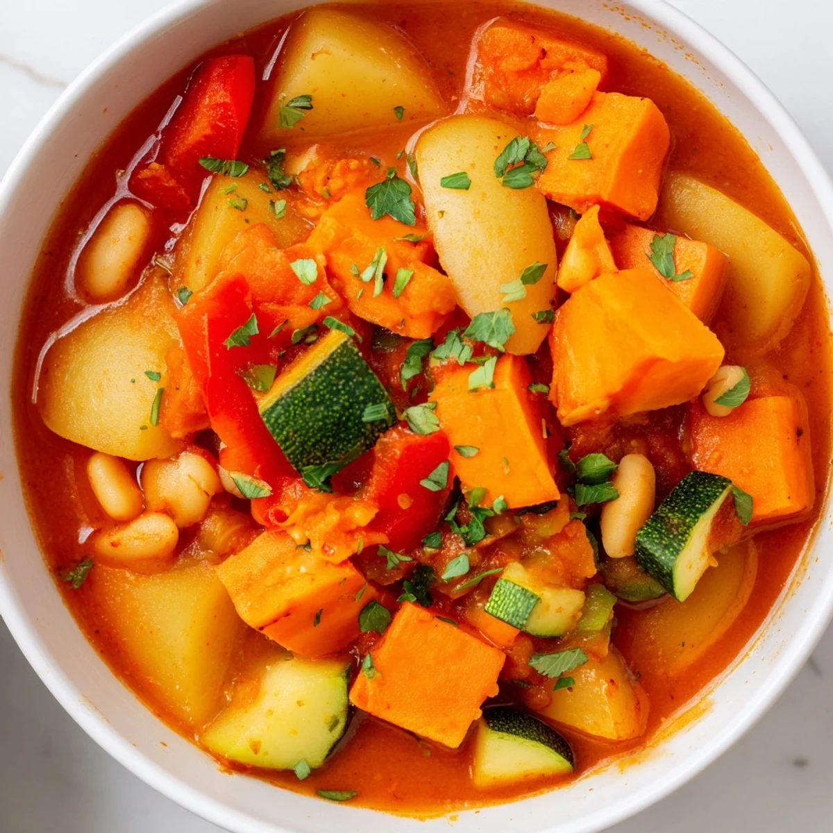 Warm, flavorful Hearty Vegan Sweet Potato Stew simmers in a pot, with rustic vegetables ready to serve.