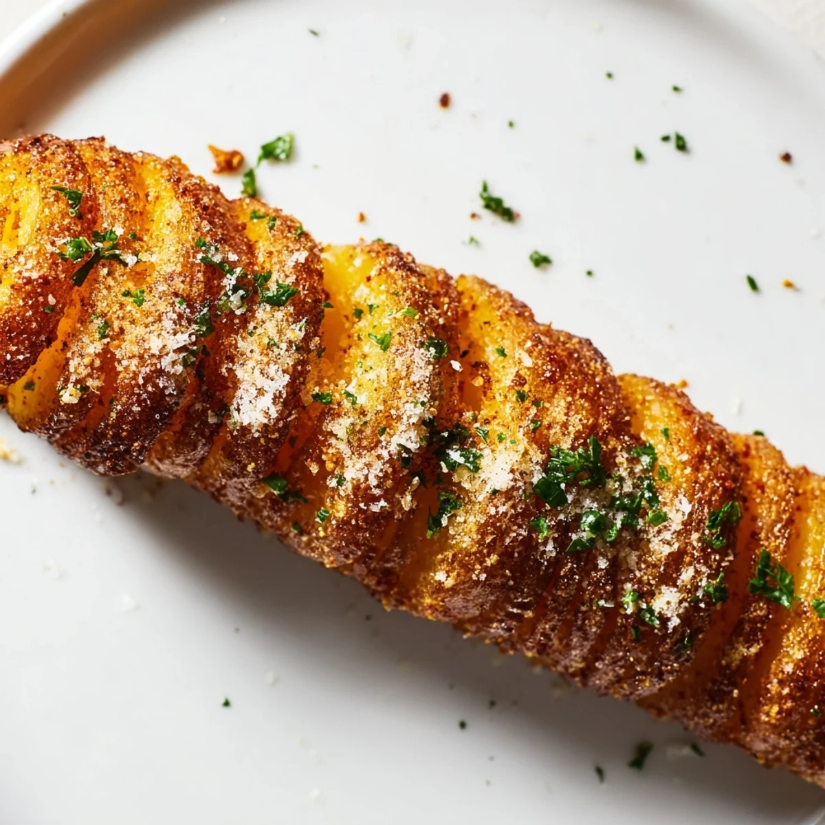 Close-up of perfectly roasted Tornado Potatoes, with vibrant herbs, ready to be enjoyed.